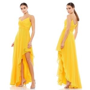 NWOT Mac Duggal 55412 Marigold Yellow Asymmetrical high low Hem Gown sz 2